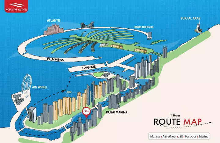 Dubai private boat rental - 1 hour charter map - Dubai Marina, Ain Wheel, JBR, Harbour