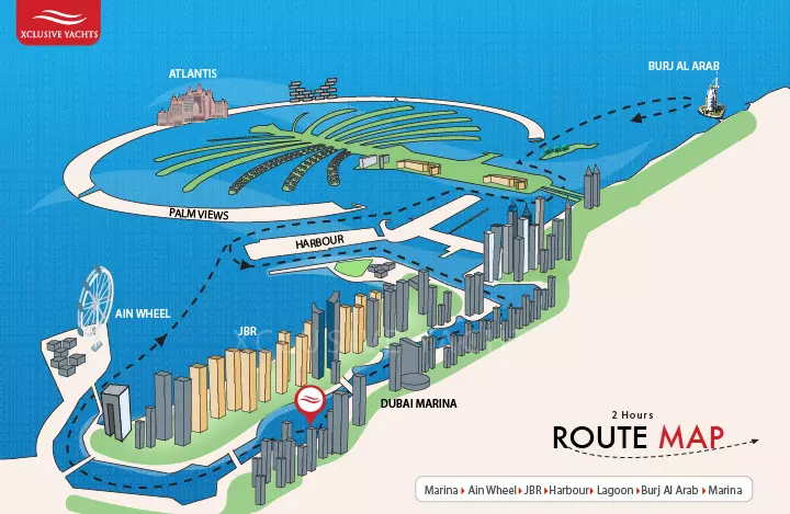 Dubai private boat rental - 2 hour charter map - Dubai Marina, Ain Wheel, JBR, Harbour, Lagoon, Burj Al Arab