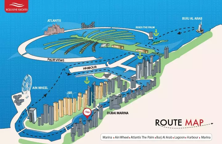 Dubai private yacht rental Harbour cruise map